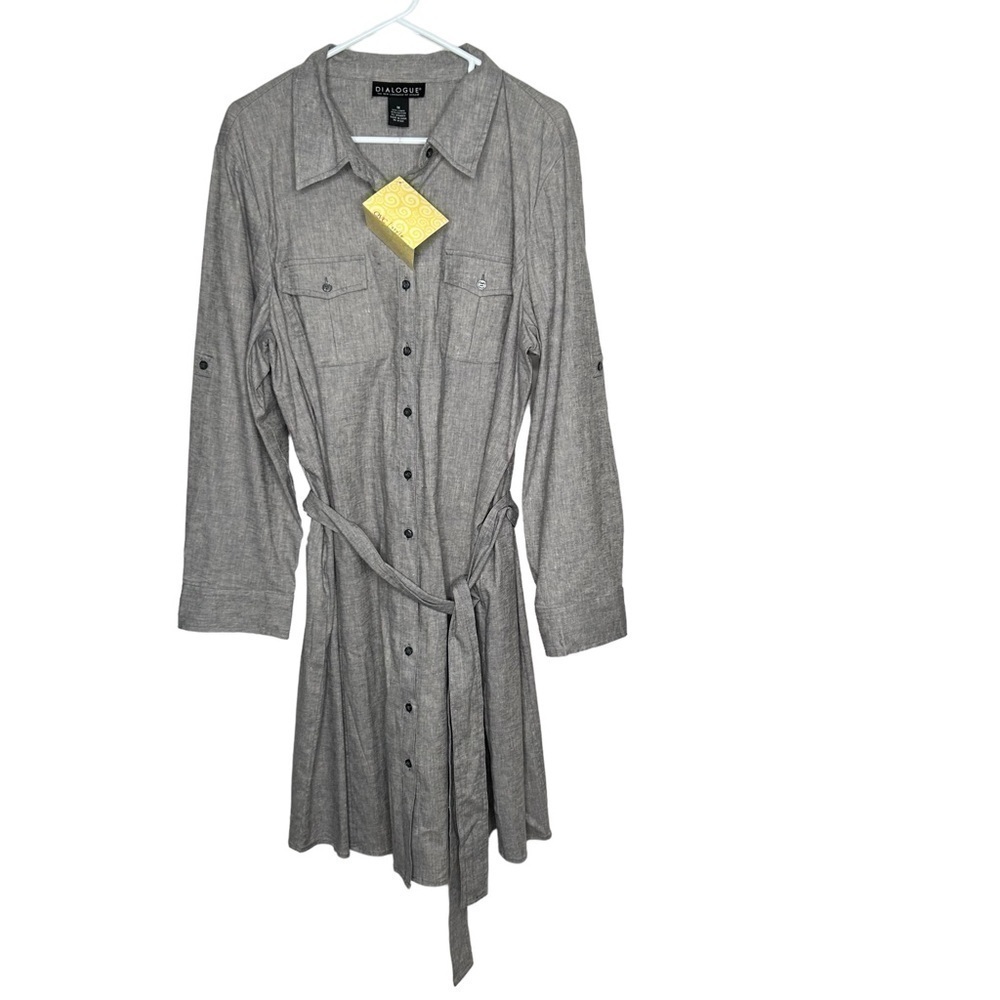 New Dialogue Women’s Linen Blend Dress 1X gray Belted Button Front BNWT